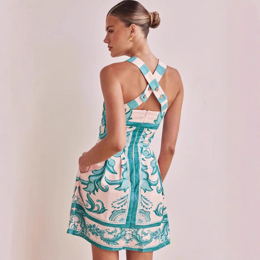 EMMA – EXOTISCH BEDRUCKTES MINI-KLEID MIT ÜBERKREUZTEN TRÄGERN